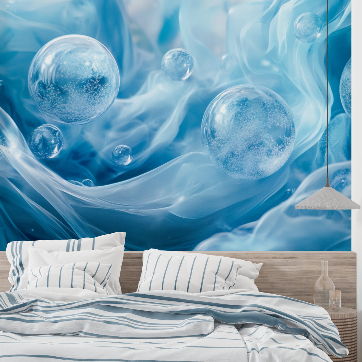 Fluid art bubble mural adding depth to a minimalist bedroom