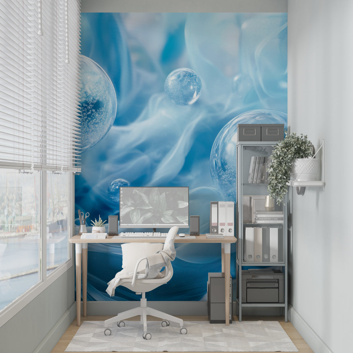 Abstract blue bubble wallpaper making a statement in a home office