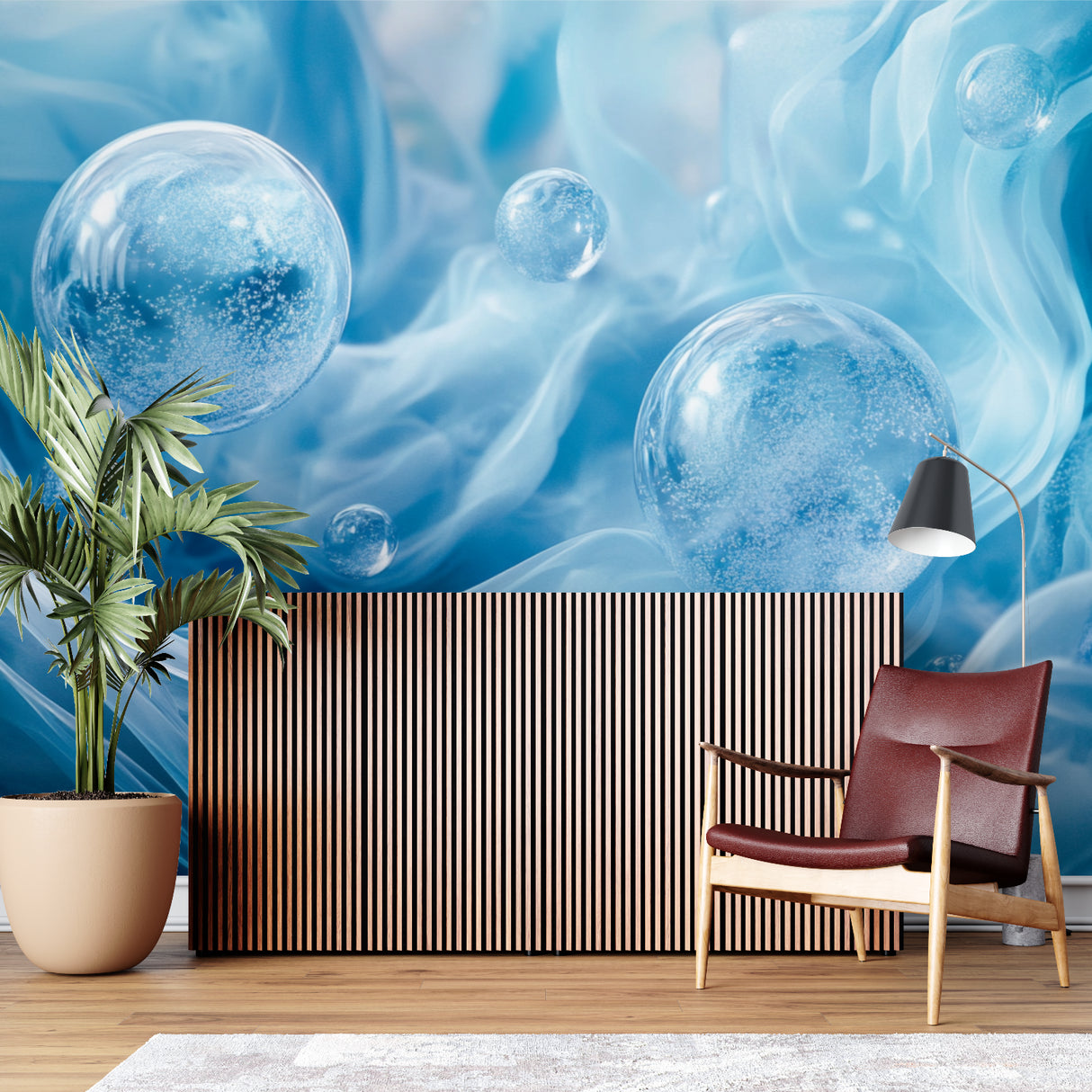 Modern abstract bubble mural enhancing a meditation space