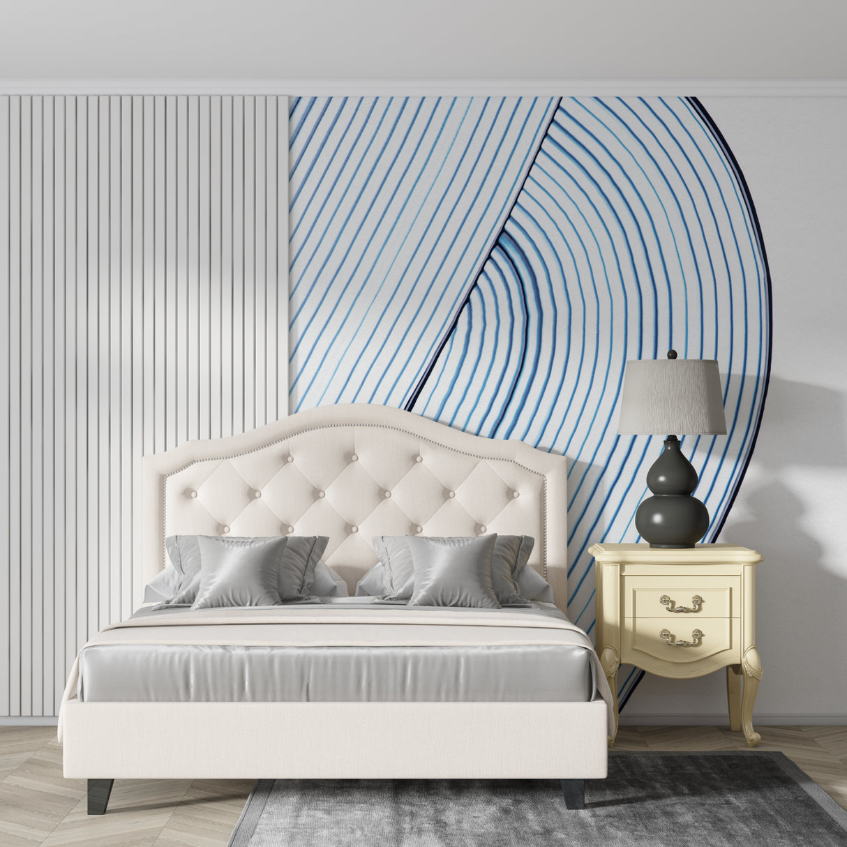 Abstract blue linear pattern mural in a contemporary home office space