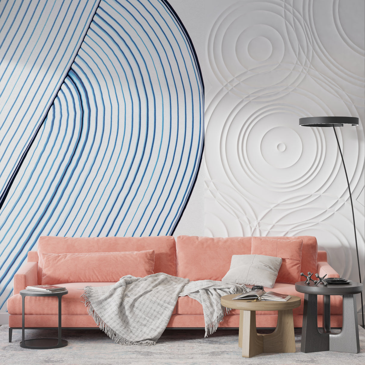 Blue wave pattern wallpaper featured in a modern bedroom setting