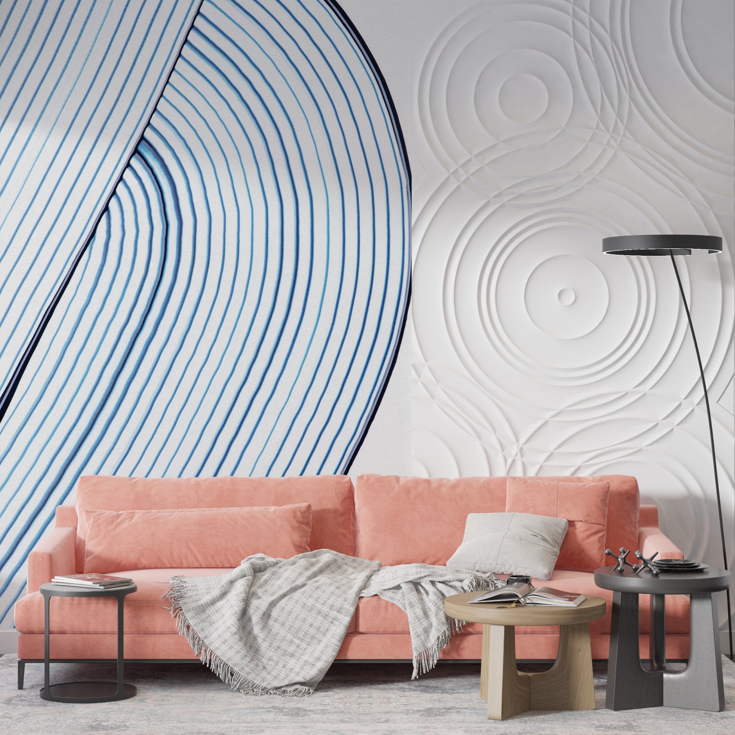 Blue wave pattern wallpaper featured in a modern bedroom setting