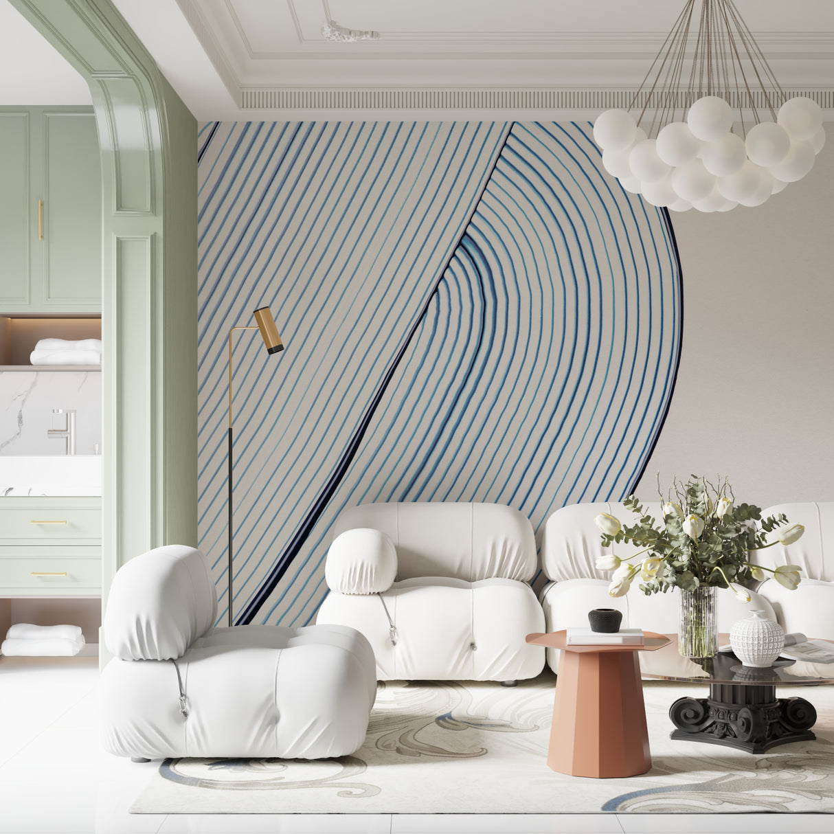 Abstract blue linear wallpaper bringing movement to a dining room