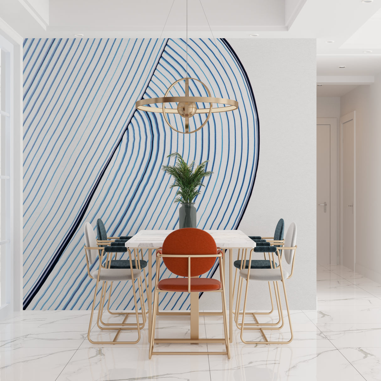 Geometric blue wave mural enhancing a contemporary hallway