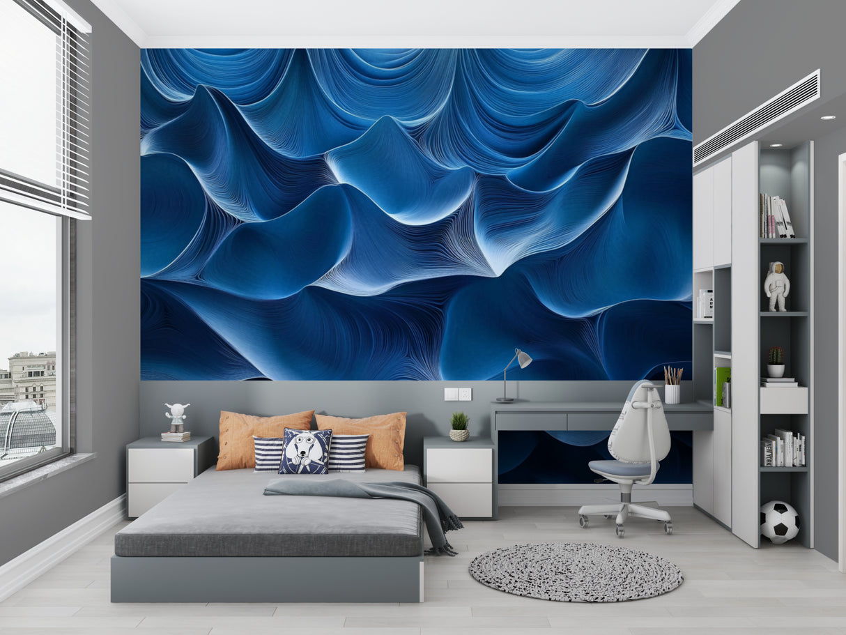 Modern blue wave wallpaper in a minimalist living room creating depth and movement