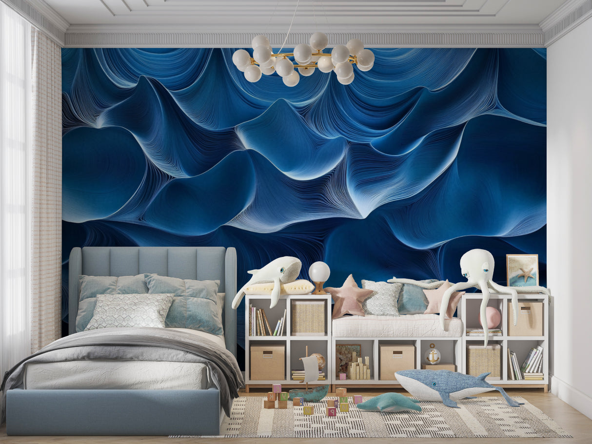 Abstract blue wave mural in contemporary home office space