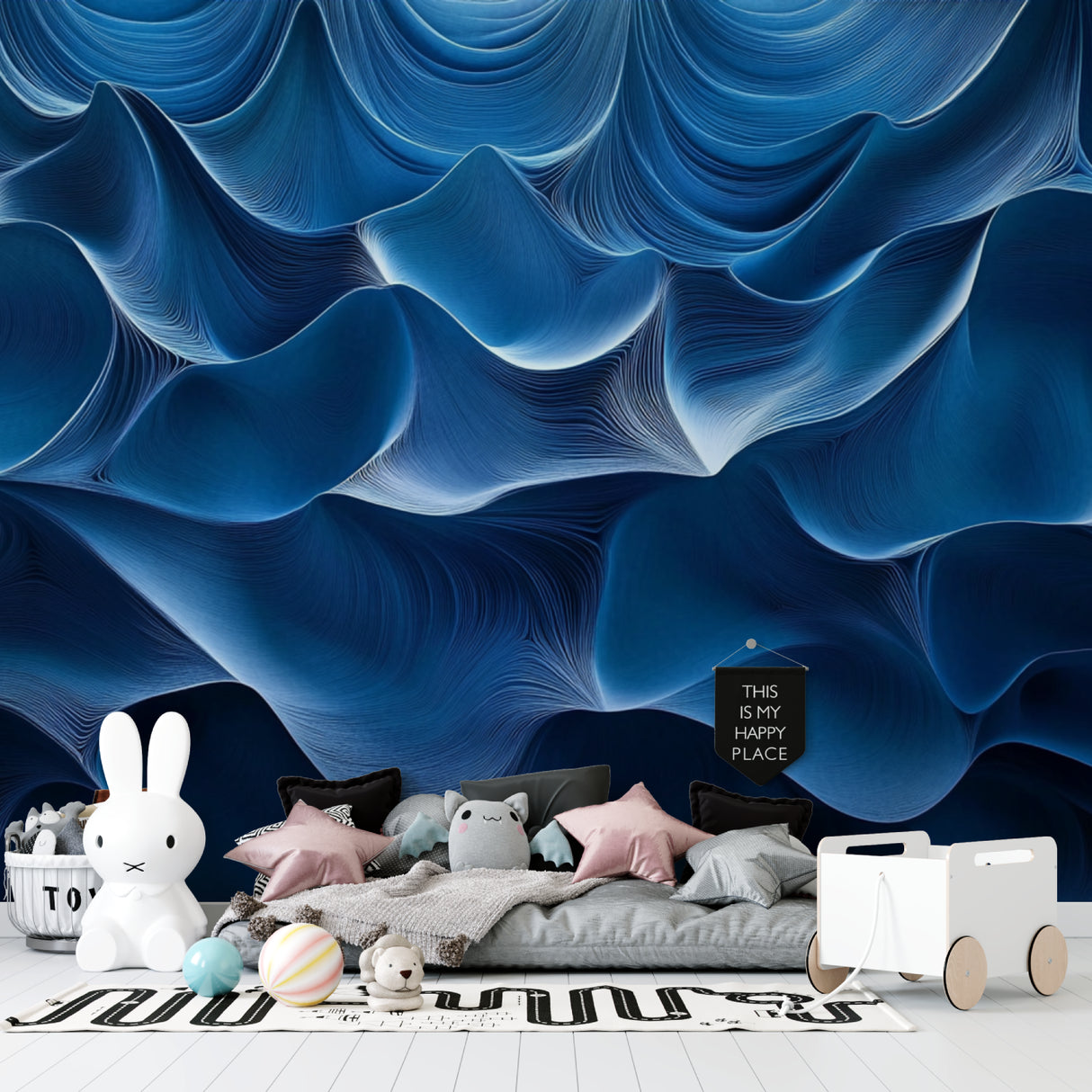 Blue neon wave wallpaper making a bold statement in dining room