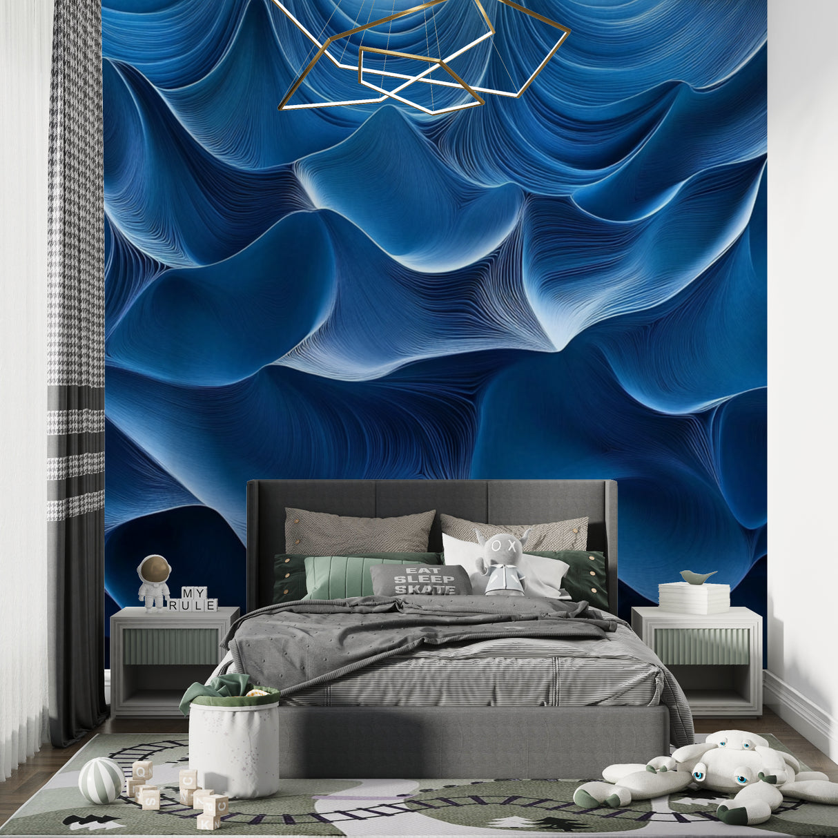 Modern wave pattern wallpaper in bedroom creating peaceful atmosphere