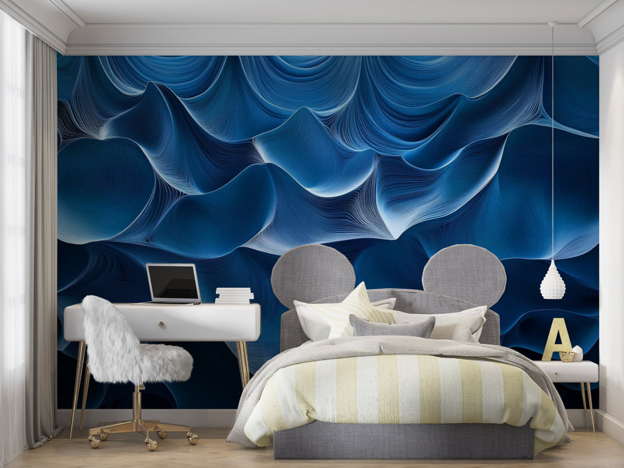 Abstract blue mural brightening up hallway space