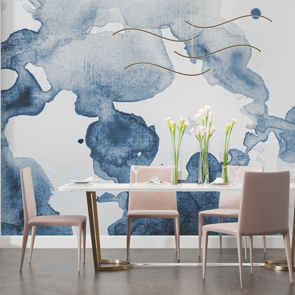 Blue watercolor abstract wallpaper in modern living room with grey sofa and natural light