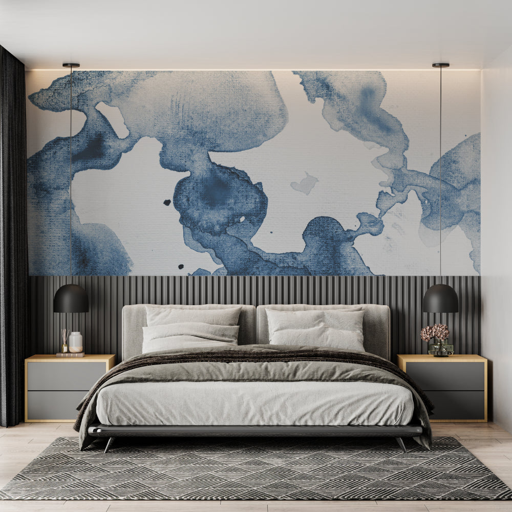 Abstract blue mural in entrance hallway with modern lighting and mirrors