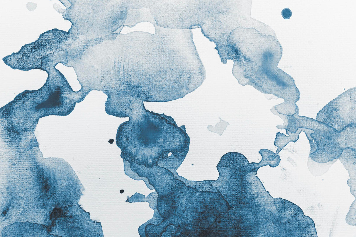 Design file of blue watercolor abstract pattern with flowing shapes and golden accents