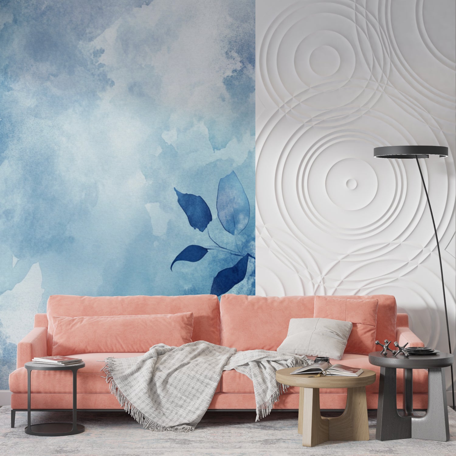 Blue watercolor leaves mural wallpaper in a bright modern living room with natural light streaming through windows