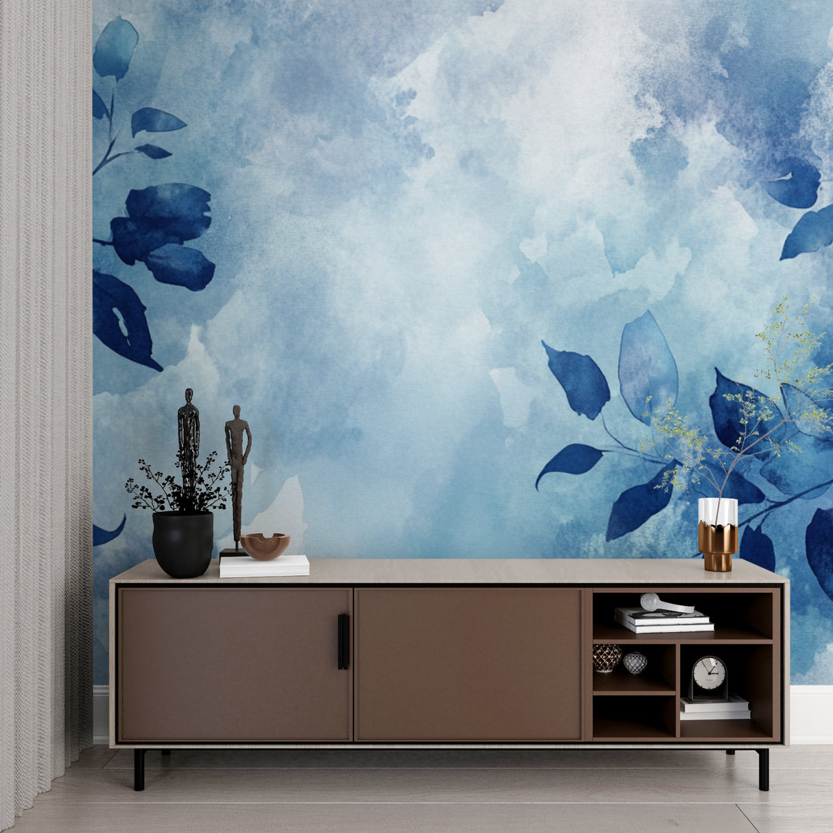 Peaceful master bedroom featuring blue abstract leaf wallpaper creating a serene atmosphere
