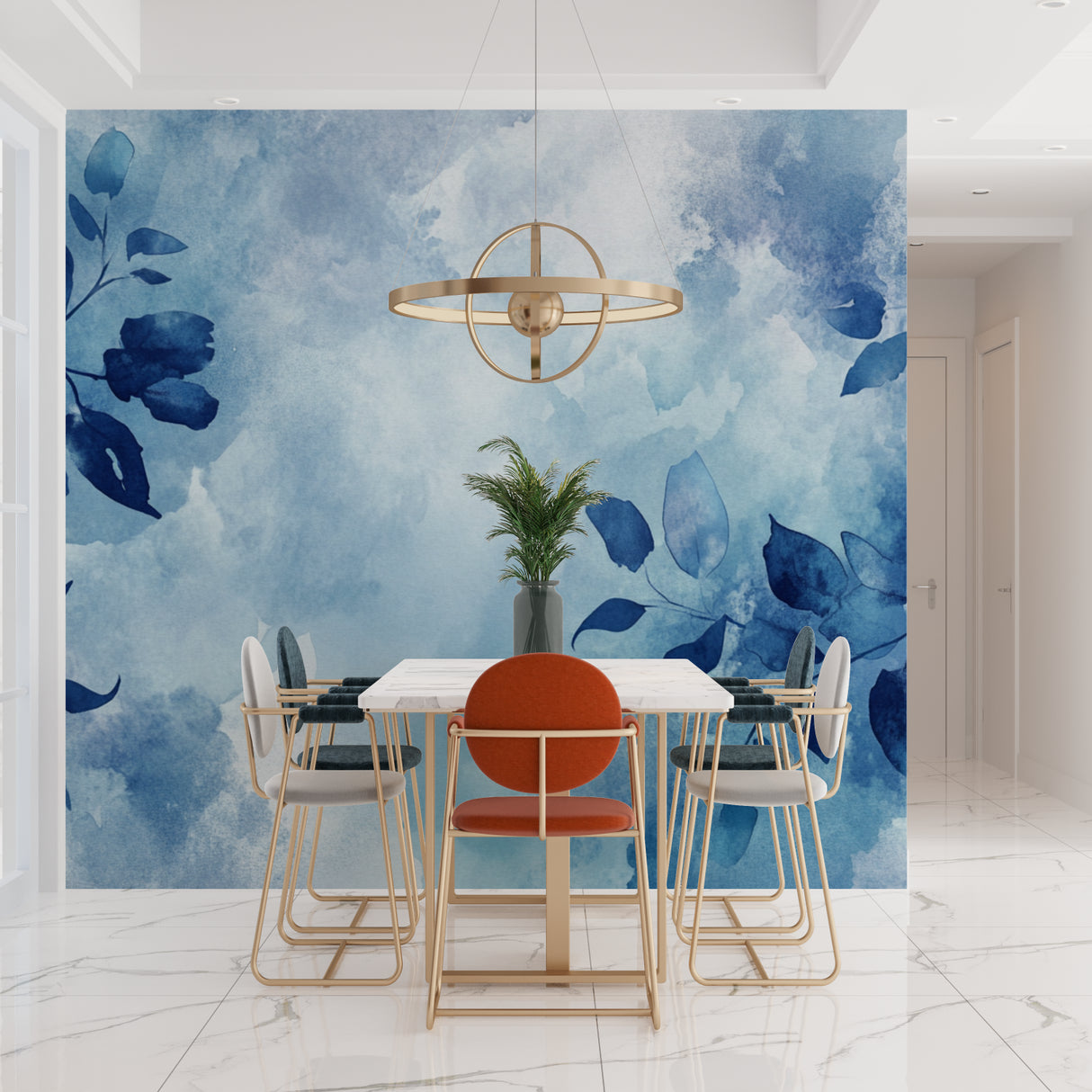 Home office space with blue watercolor mural adding depth and creativity to the workspace