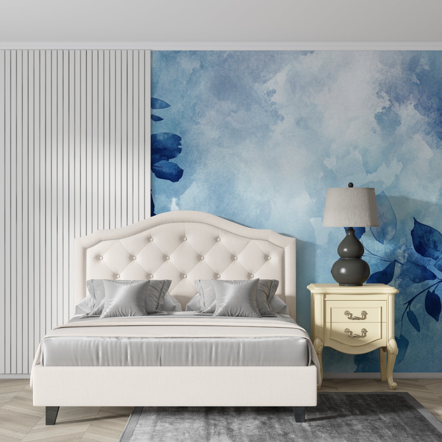 Contemporary hallway featuring abstract blue watercolor wall mural in natural lighting