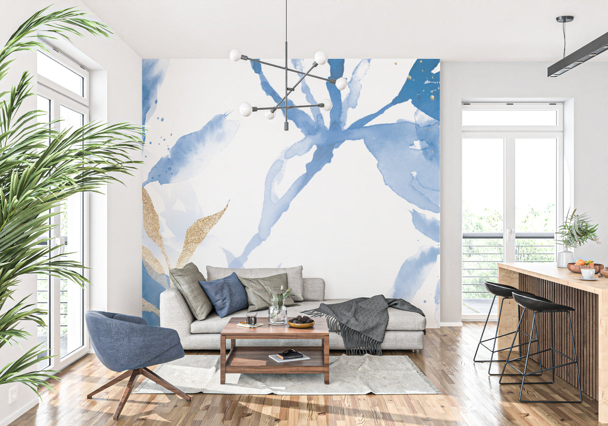 Blue and gold abstract wallpaper creating movement in a modern living room with white furniture