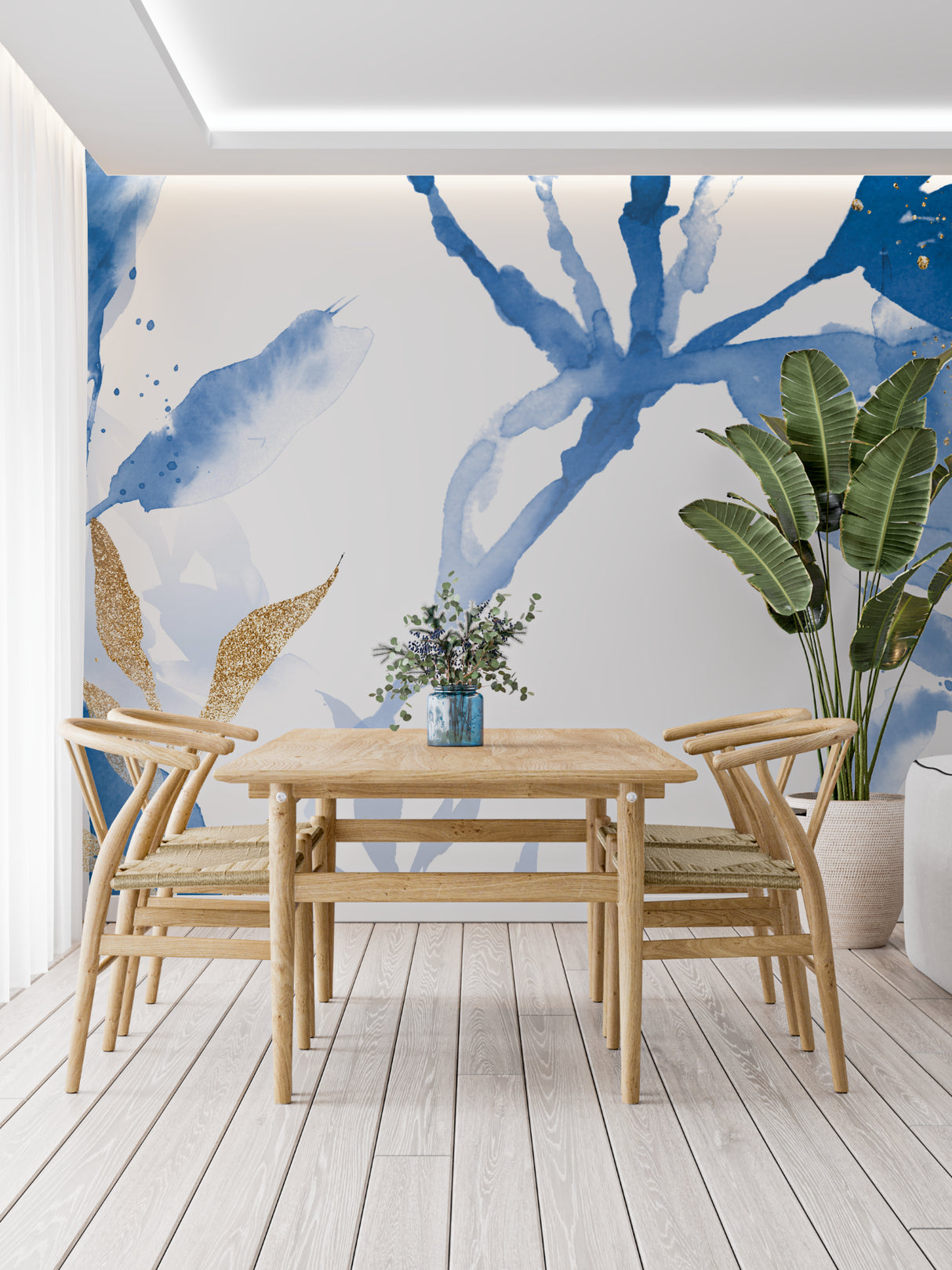Watercolor wall mural with gold accents brightening a dining room space