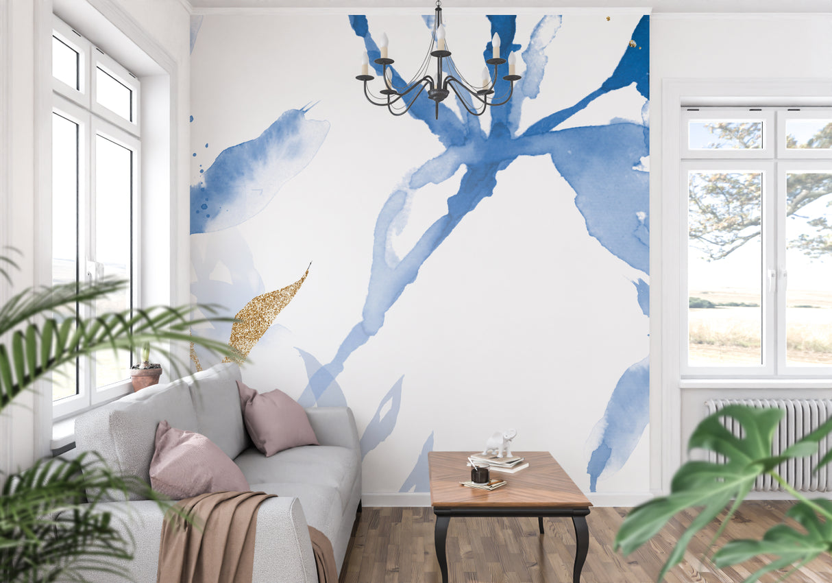 Gold and blue abstract mural adding luxury to a home office setting