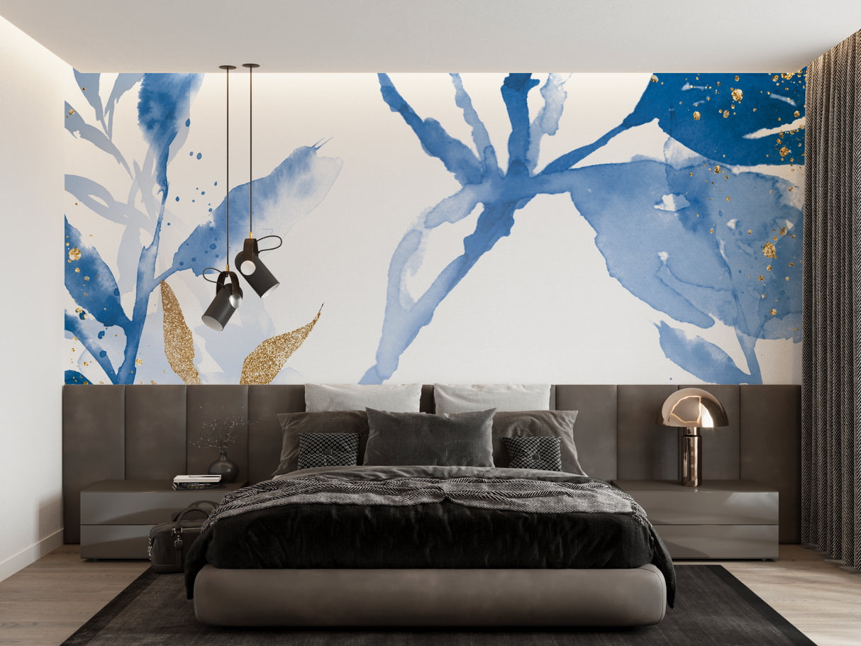 Modern abstract wallpaper transforming an entrance hallway with blue and gold tones