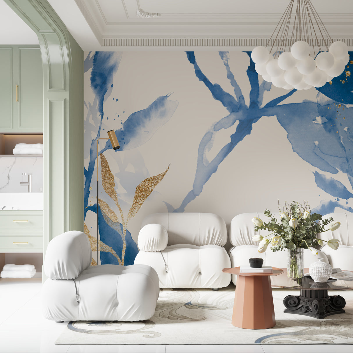 Watercolor abstract wall mural with gold accents featured in a contemporary dining room