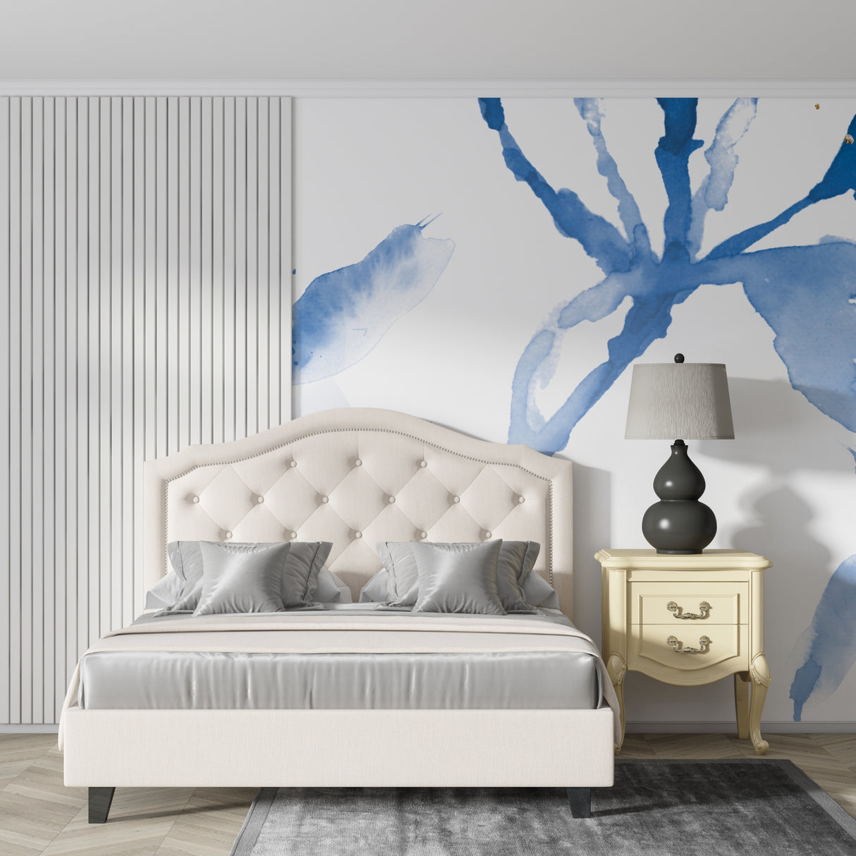 Blue watercolor and gold leaf wallpaper bringing artistic flair to a home office space