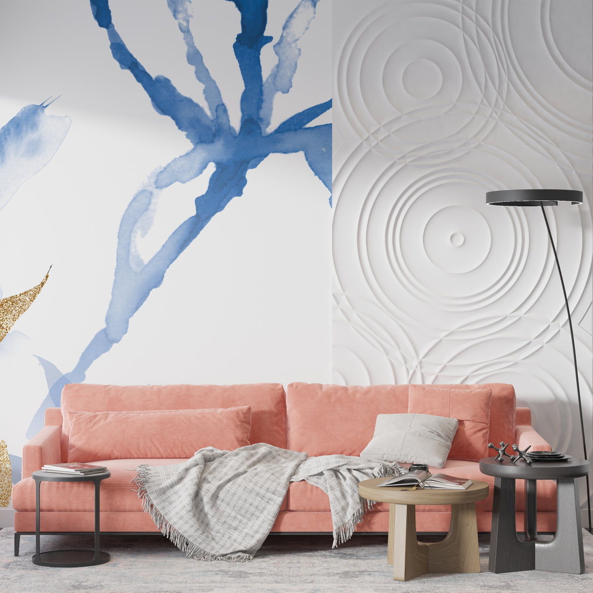 Modern abstract wall mural creating an elegant backdrop in a luxury hallway