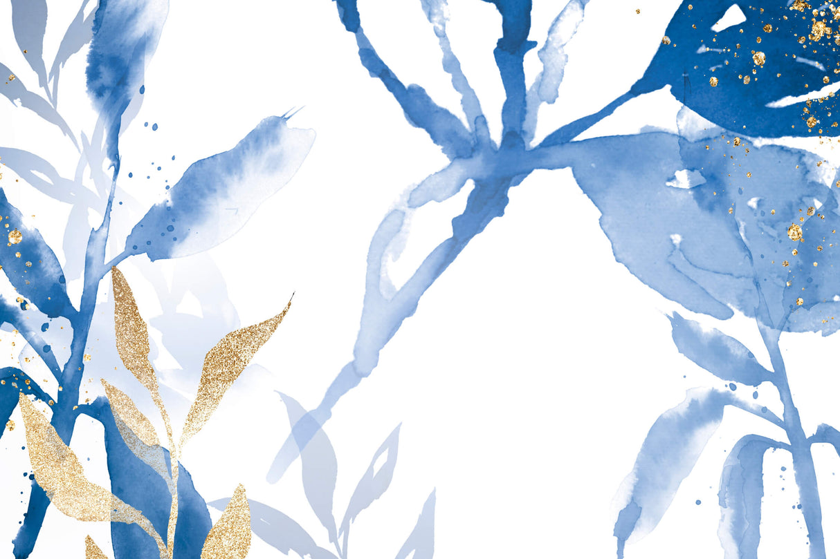 Design file showing fluid blue watercolor pattern with delicate gold leaf details