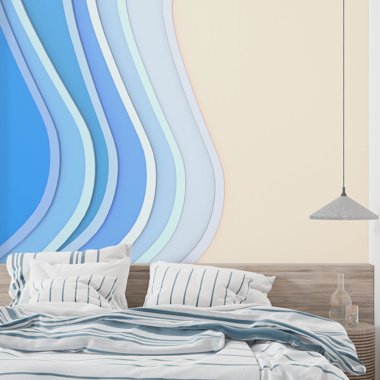 Blue wave 3D wallpaper in modern minimalist living room showing depth effect