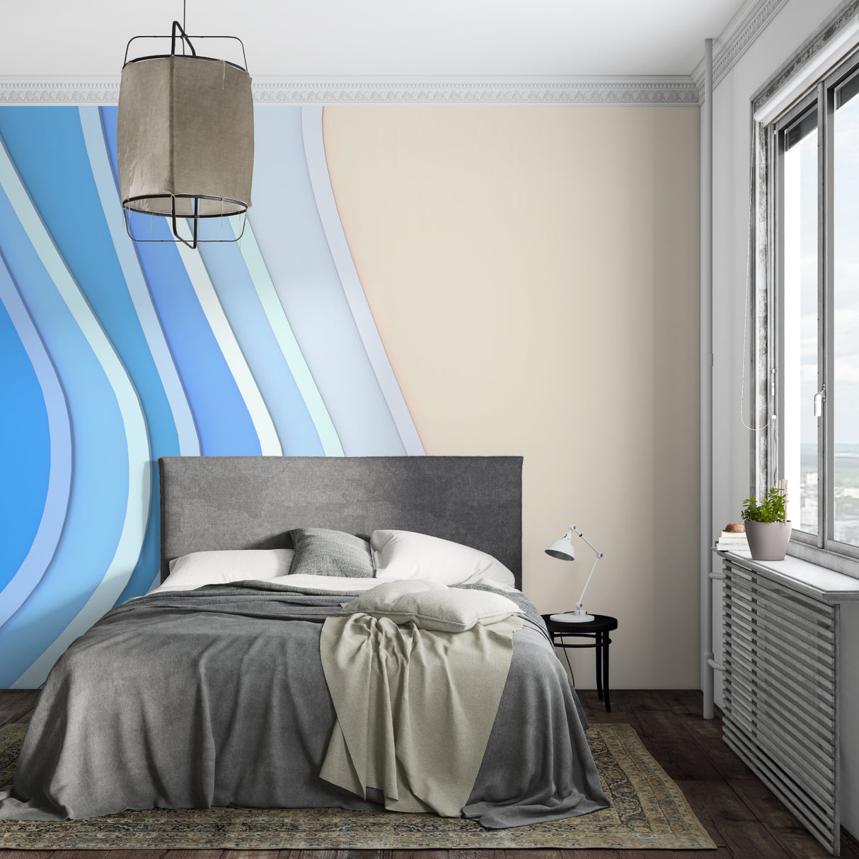Abstract blue wave mural in contemporary office space creating focus wall