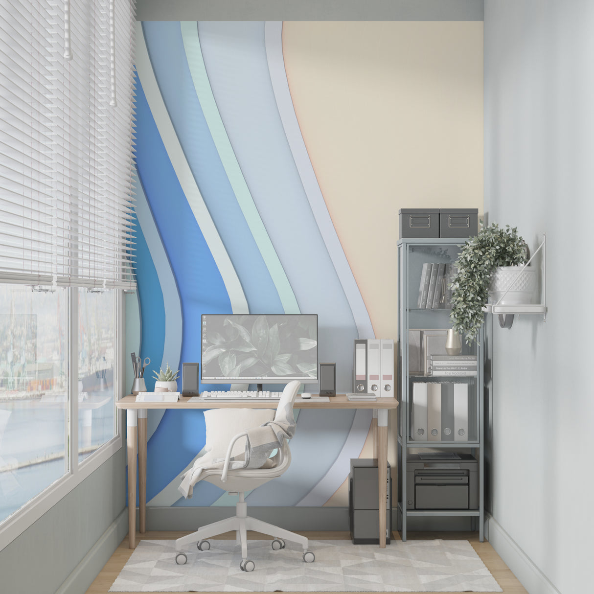 3D wave pattern wallpaper in bedroom showing calming blue tones