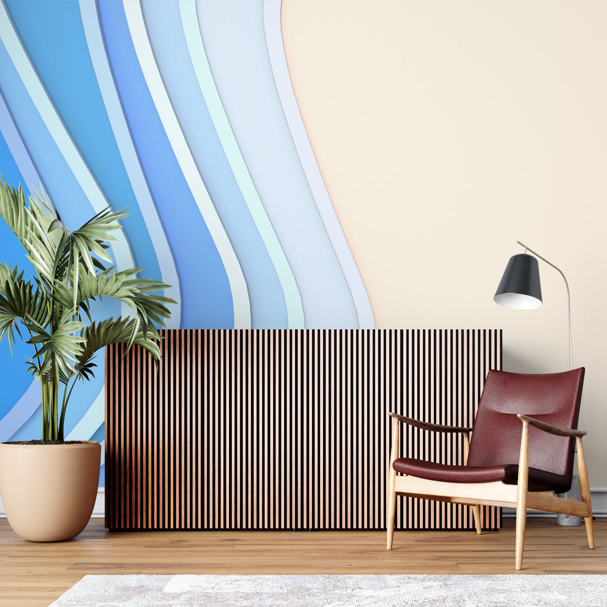 Modern blue wave wallpaper in dining room with natural lighting