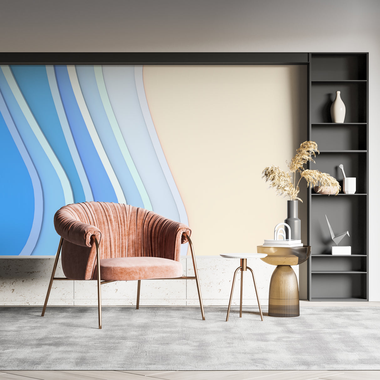 Abstract wave mural creating depth in home entrance hallway
