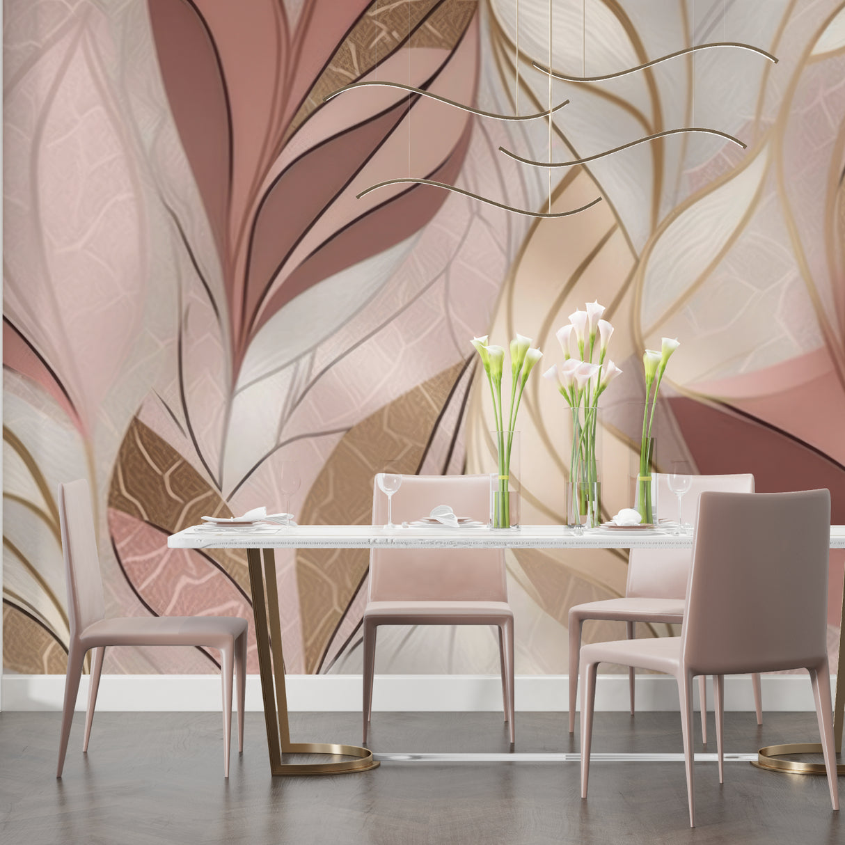 Abstract pink and gold leaf wallpaper in modern living room creating soft, warm ambiance