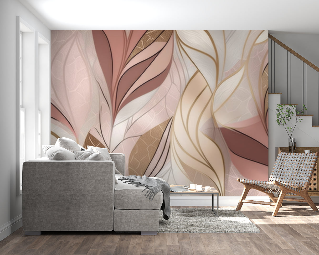 Pink and gold abstract leaf mural in dining room with evening lighting