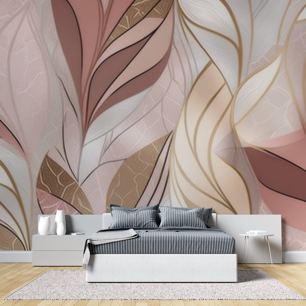 Elegant master bedroom featuring blush pink and metallic gold leaf wallpaper