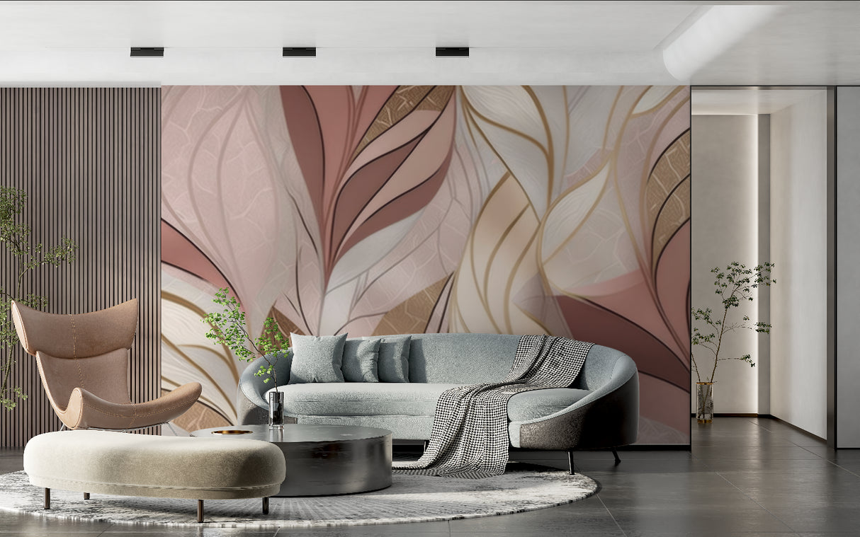 Home office with modern pink and gold abstract leaf wall mural