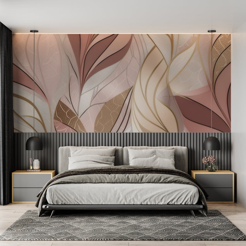 Luxury powder room showcasing pink and gold abstract leaf wallpaper design