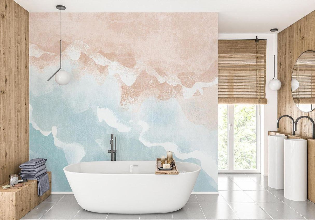 Abstract watercolor wallpaper in pink and turquoise creates a serene atmosphere in a modern living room setting