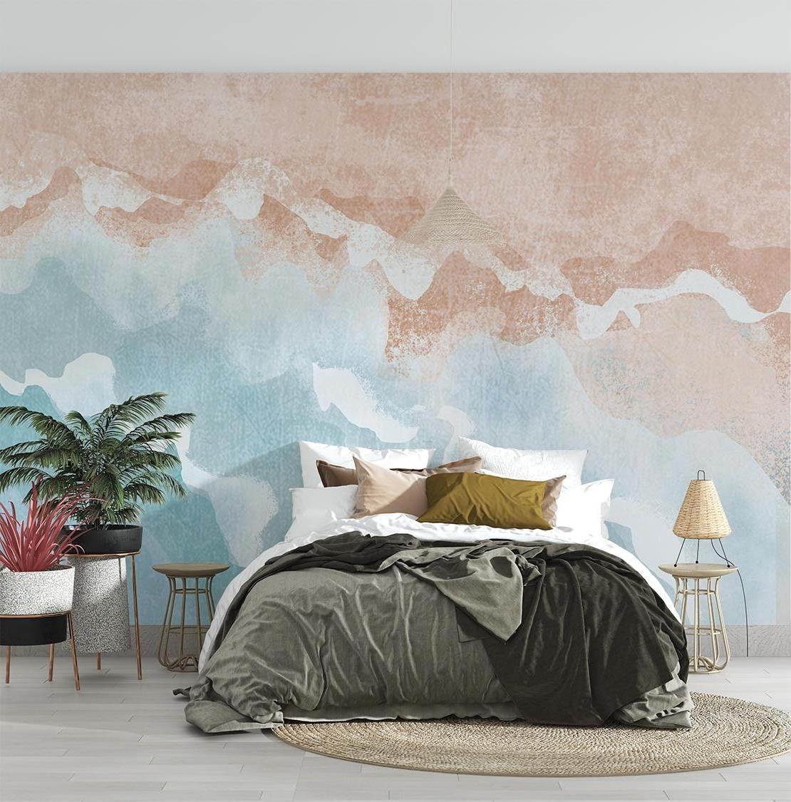 Pink and turquoise abstract wall mural bringing soft color to a bright bedroom space