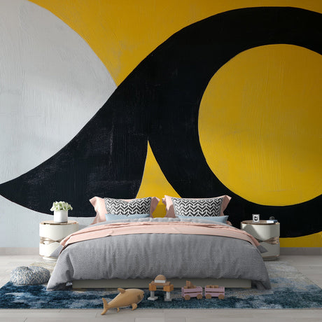 Modern abstract wallpaper with yellow and black curves creating drama in a minimalist living room setting