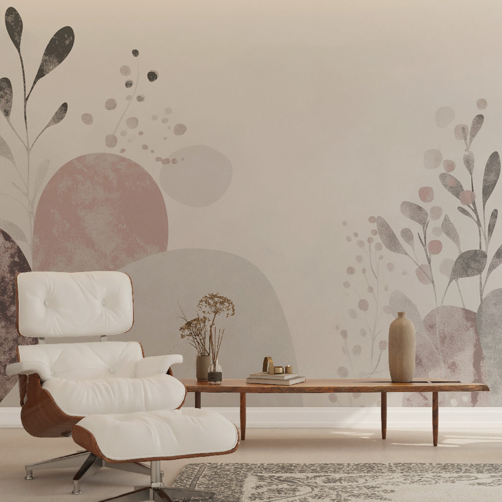 Modern living room featuring Pink Abstract Botanical wallpaper mural creating a soft, sophisticated atmosphere
