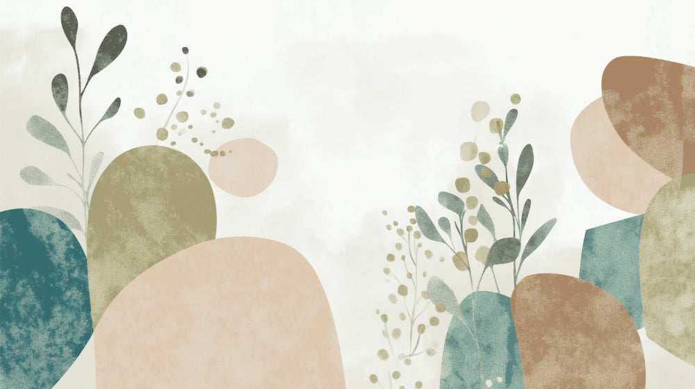 Abstract botanical wallpaper with sage and blush tones creating a peaceful atmosphere in a modern living room