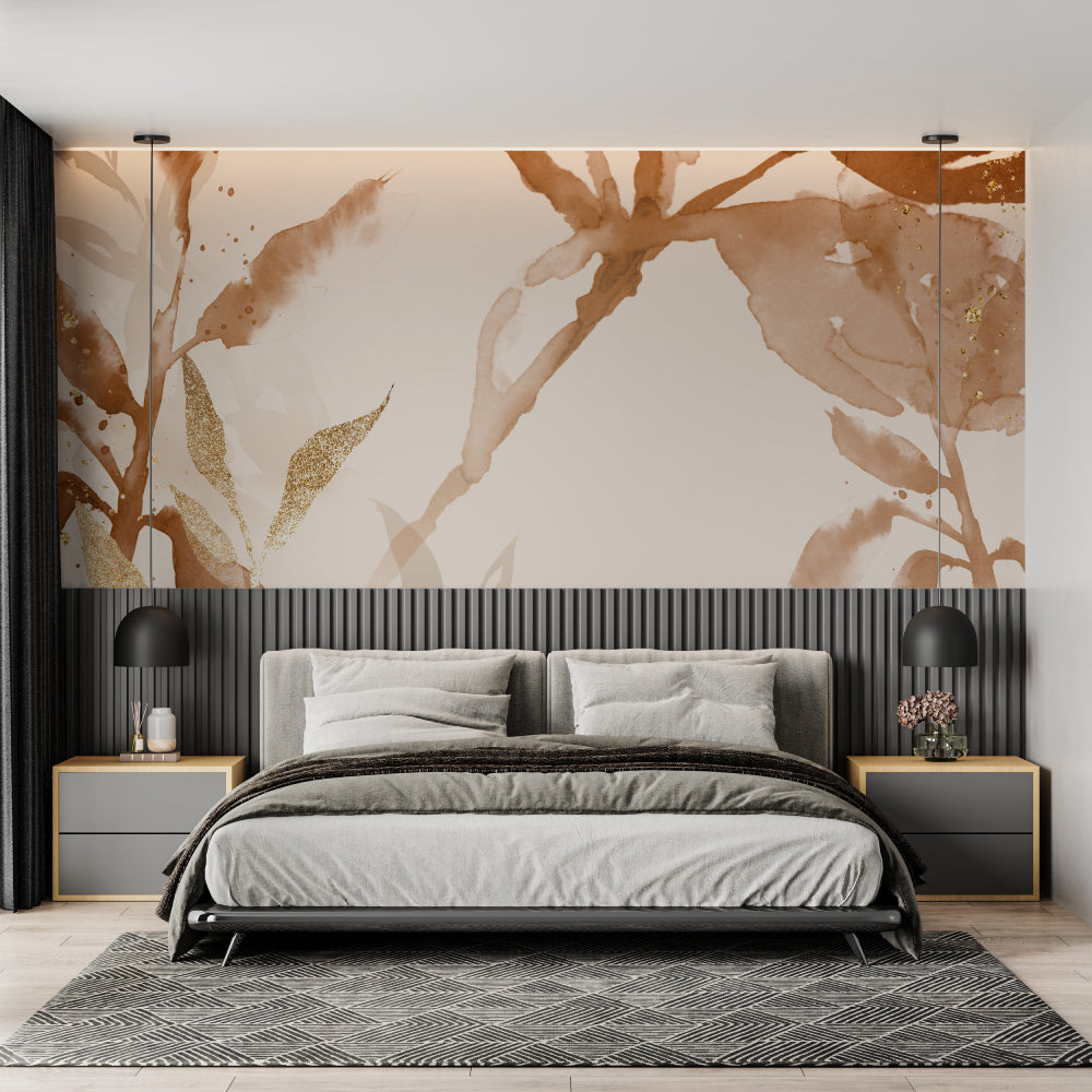Abstract watercolor mural creating elegant backdrop in master bedroom with gold accents