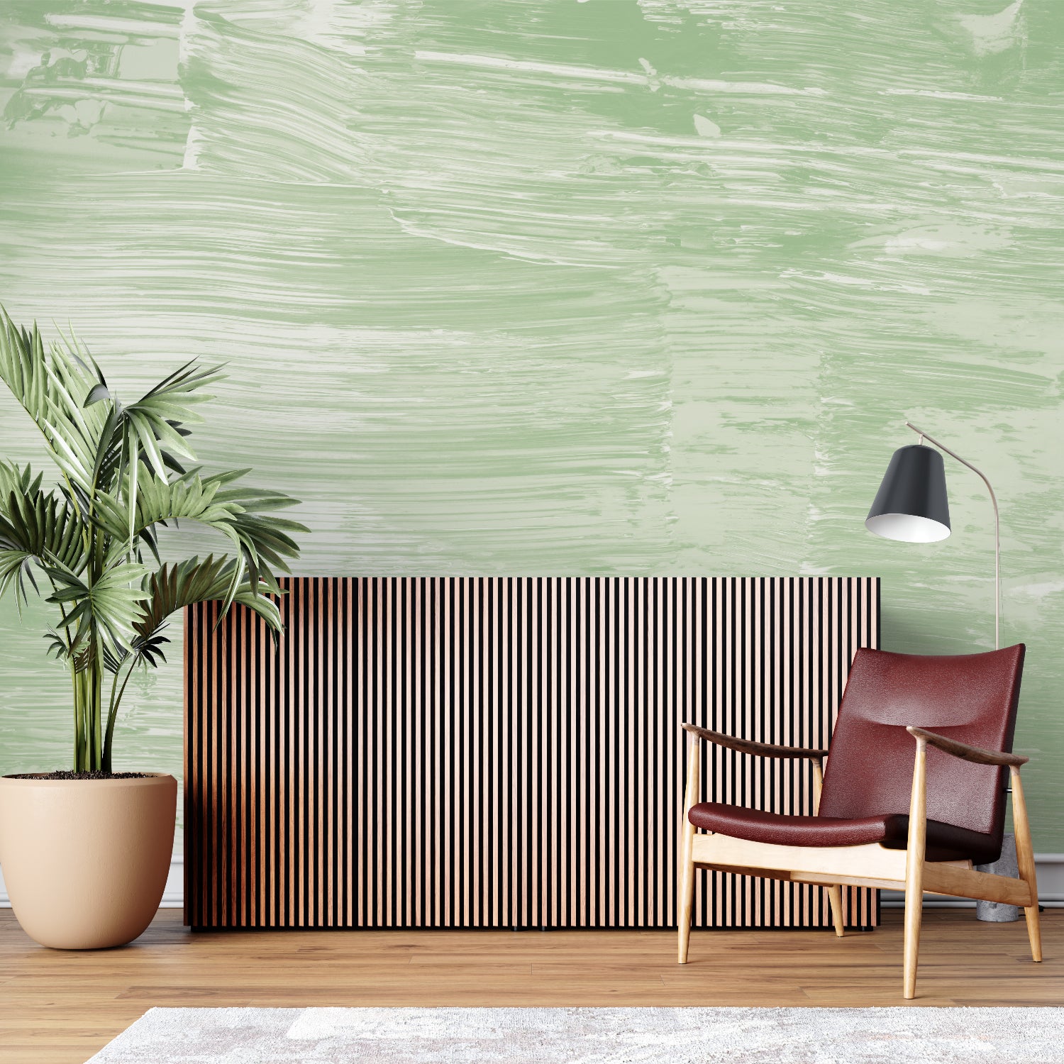 Sage green brushstroke wallpaper in home office setting with wooden desk