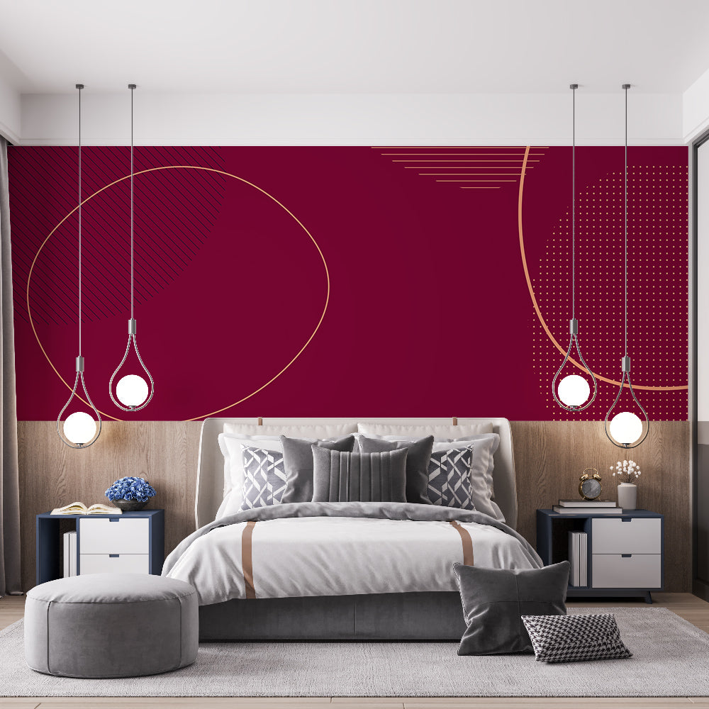 Burgundy and gold geometric wallpaper adding luxury to a modern living room with clean-lined furniture