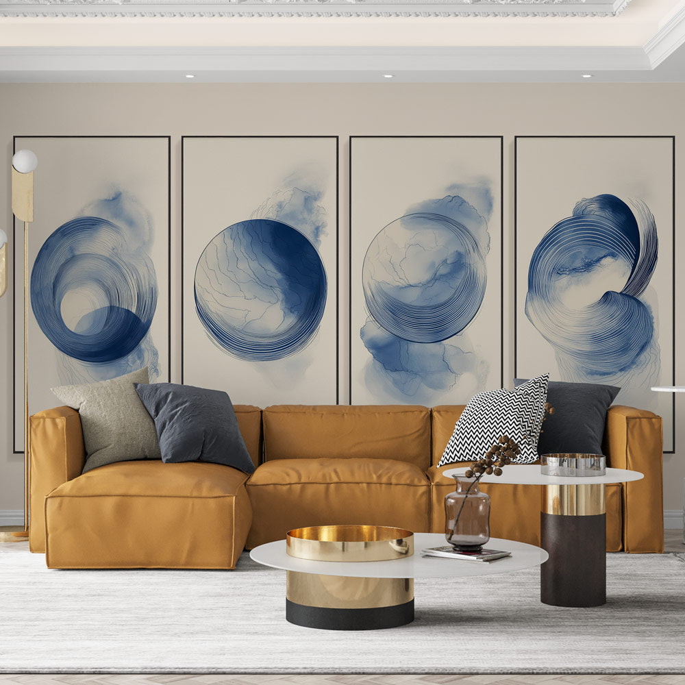 Blue wave abstract wallpaper mural creating a peaceful atmosphere in a modern living room with natural lighting