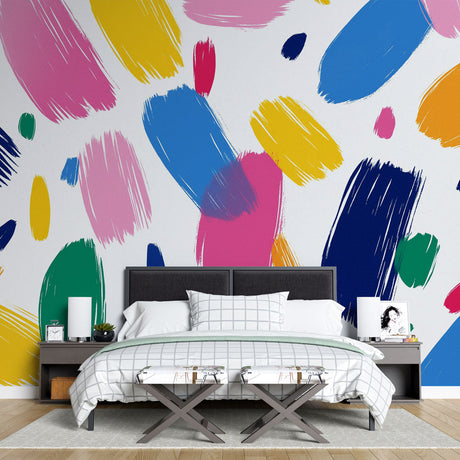 Abstract brushstroke wallpaper bringing bold colors to a modern living room, creating an artistic focal point