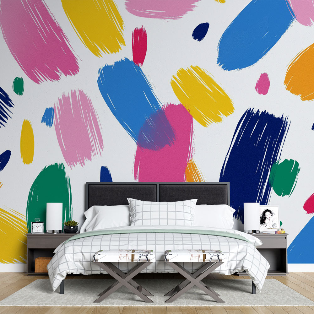 Abstract brushstroke wallpaper bringing bold colors to a modern living room, creating an artistic focal point