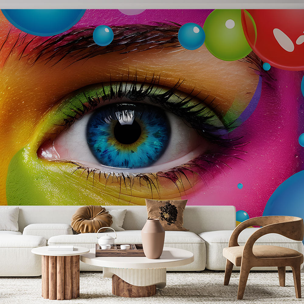 Modern abstract eye wallpaper creating a bold statement in a minimalist living room with white furniture